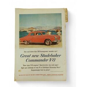 1951 Studebaker‎ Commander V-8 Print Ad Red Car Waterfront Scene MCM Ephemera